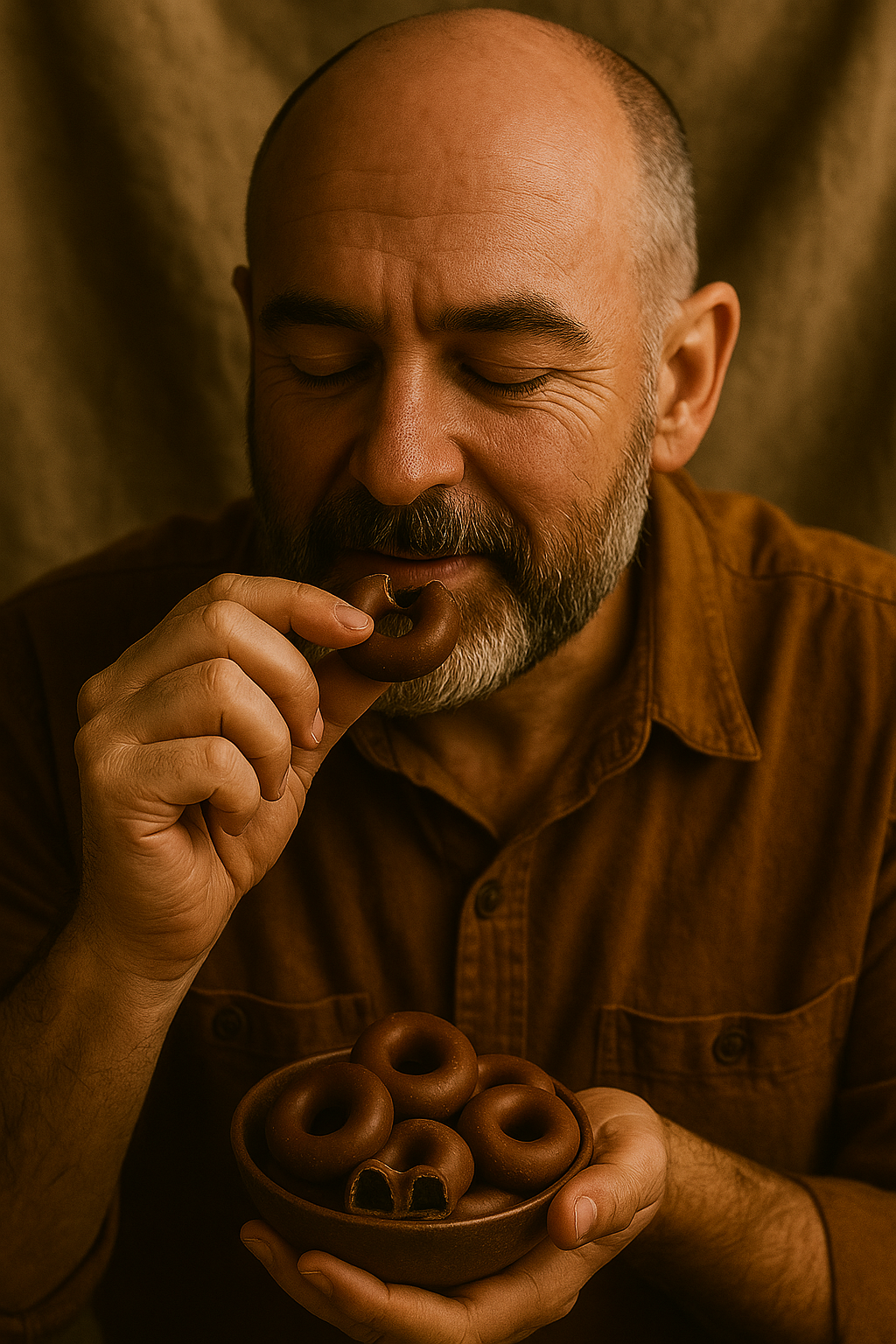 Man holding a bowl of Anniseed Rings in Milk chocolate against a brown background