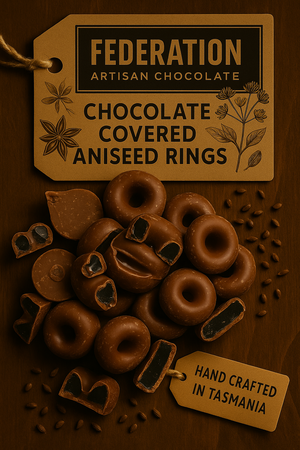 Chocolate covered aniseed rings with 'Federation Artisan Chocolate' label on a dark background