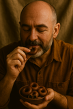 Man holding a bowl of Anniseed Rings in Milk chocolate against a brown background