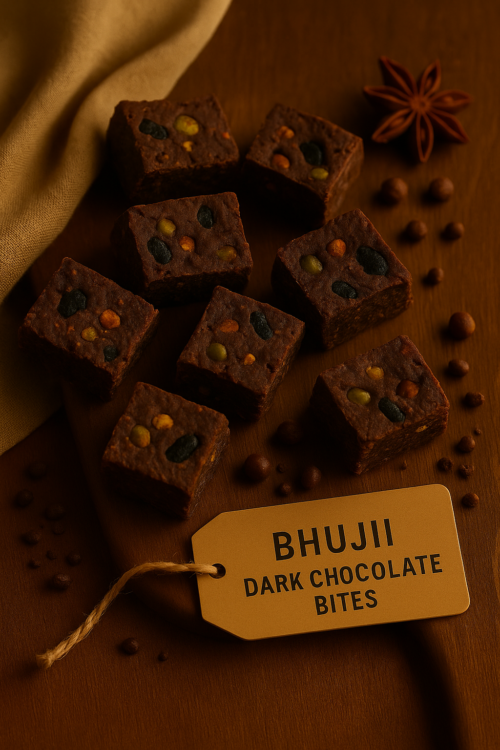 Dark chocolate bites with colourful toppings on a brown surface, accompanied by a 'BHUJI' tag.