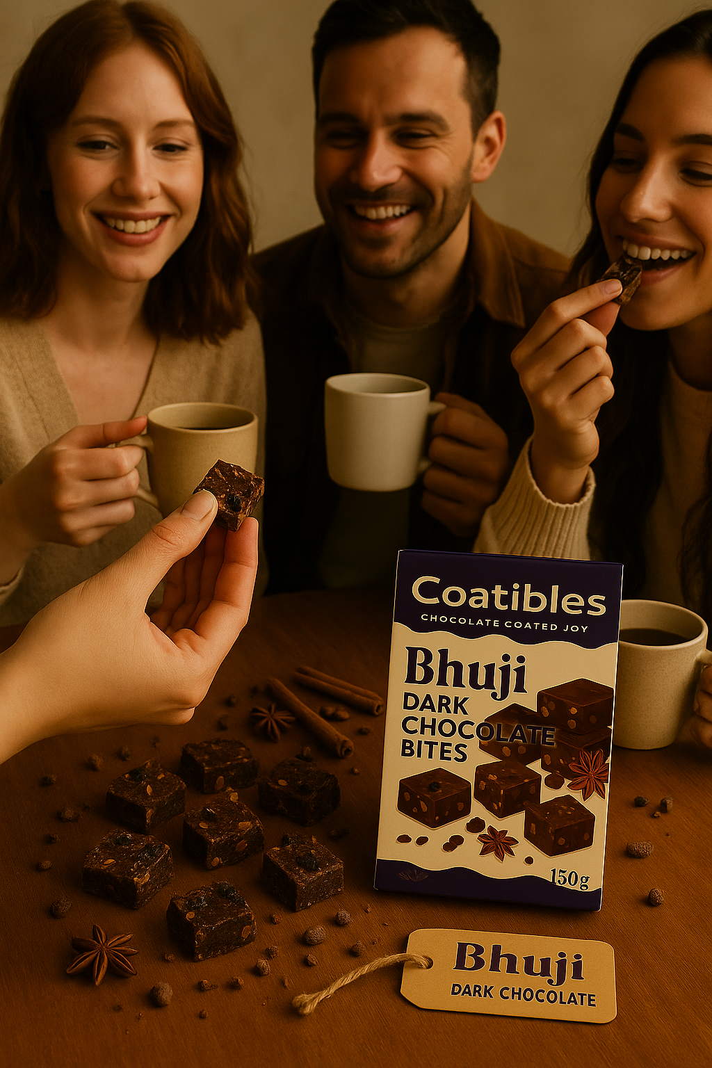 Three friends enjoying Bhuji dark chocolate bites with a box of Coatibles Bhuji dark chocolate bites in the center.