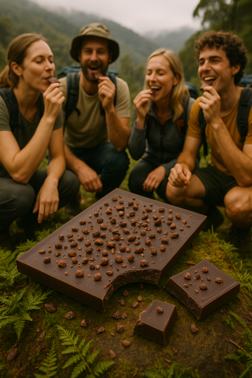 Four people enjoying federation chocolate outdoors in a natural setting