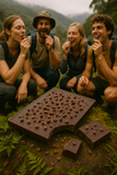 Four people enjoying federation chocolate outdoors in a natural setting