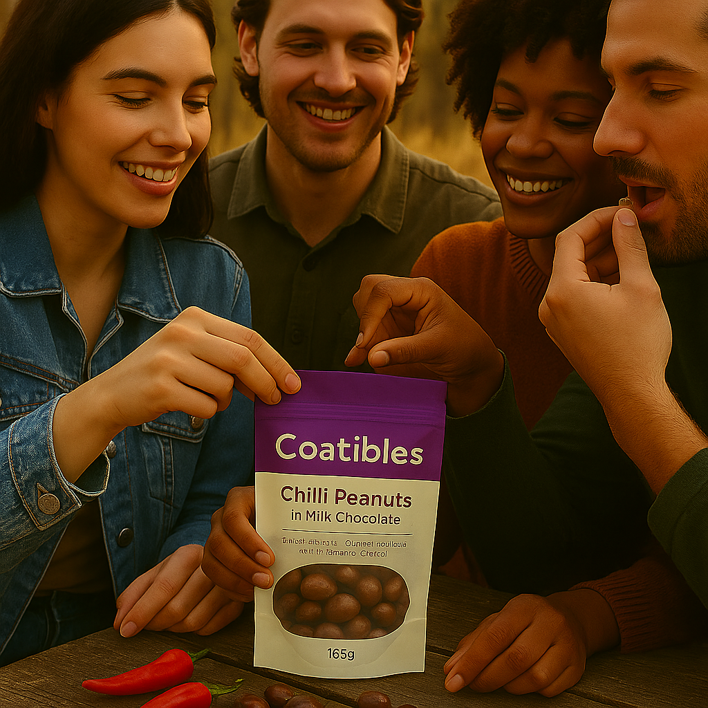 Four people gathered around a table with a 'Coatibles Chilli Peanuts in Milk Chocolate' package.