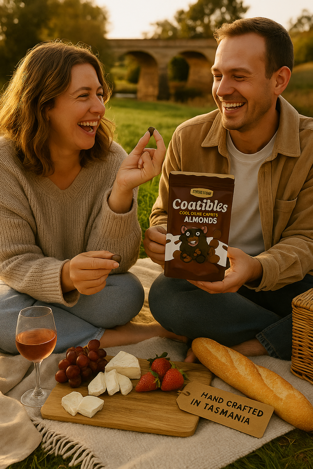 Man and woman enjoying a picnic with Coactibles Almonds and other snacks outdoors.