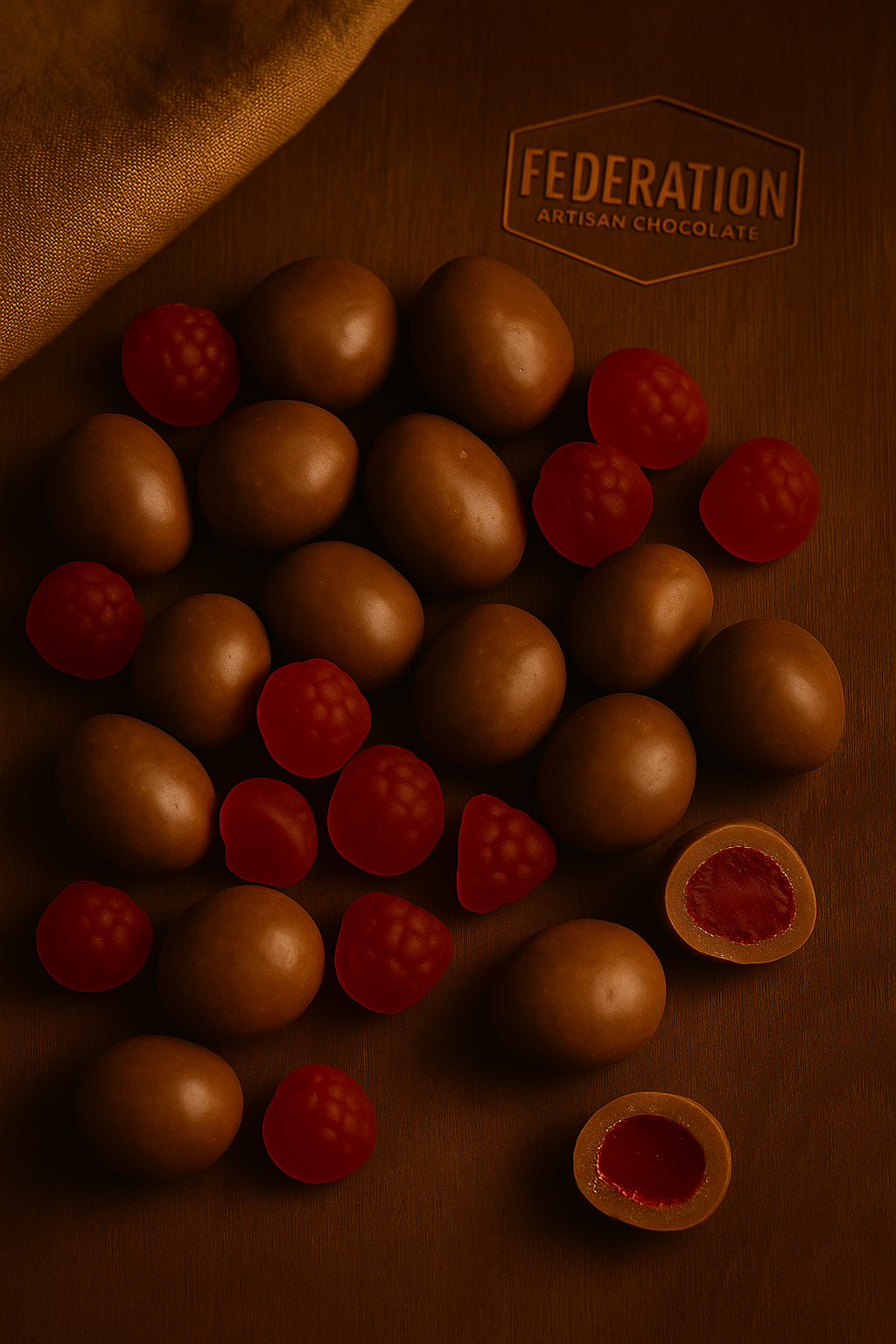 Chocolate candies with red berries on a wooden surface, featuring the Federation Artisan Chocolate logo.