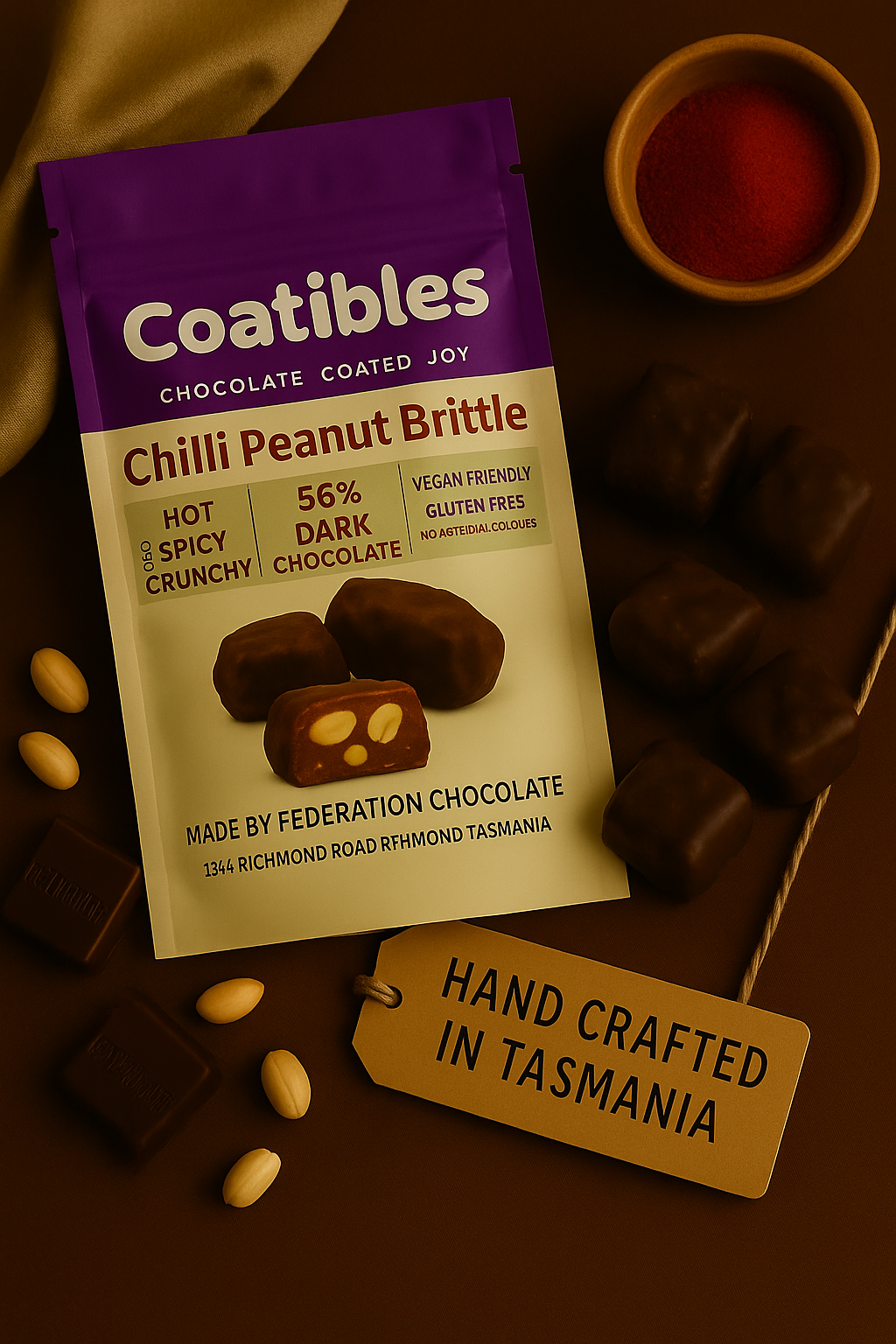 Coatibles Chilli Peanut Brittle packaging on a brown background with chocolate pieces and nuts.
