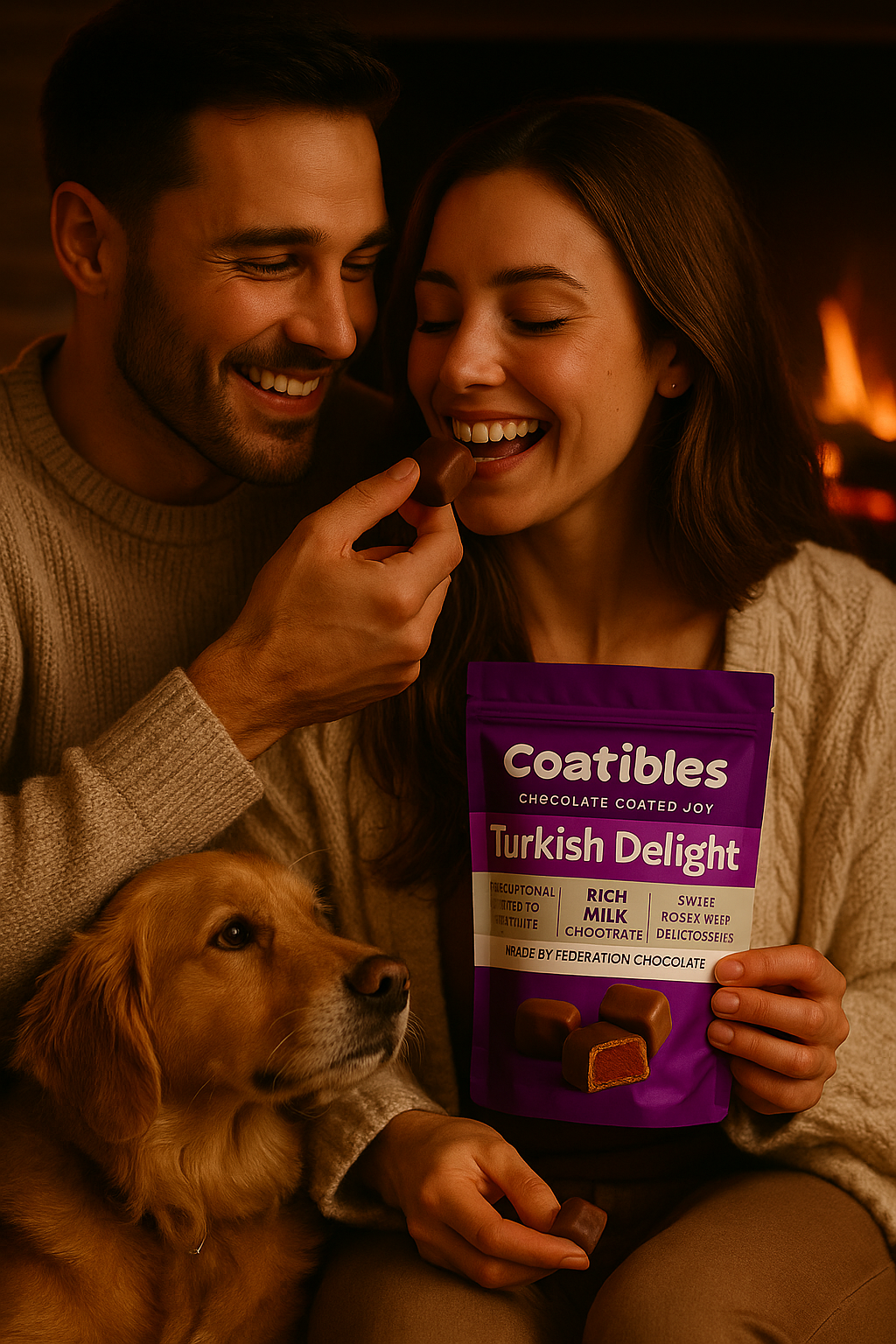 Couple feeding each other Coatibles Turkish Delight with a dog by their side, cosy indoor setting.