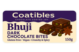 Coatibles Bhuji Dark Chocolate Bites packaging with chocolate pieces and star anise on a white background