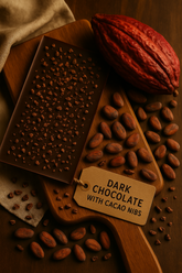 Dark chocolate bar with cacao nibs and cacao beans on a wooden board.