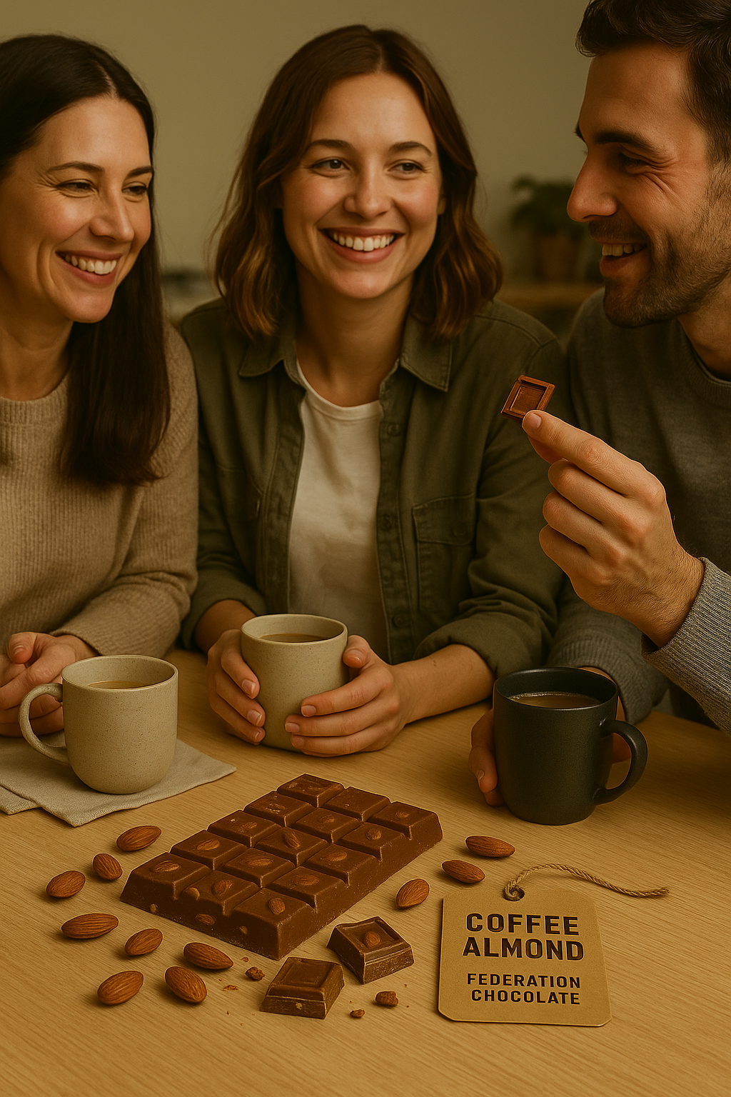 Three people enjoying coffee and chocolate with a bar of coffee almond chocolate on a table.