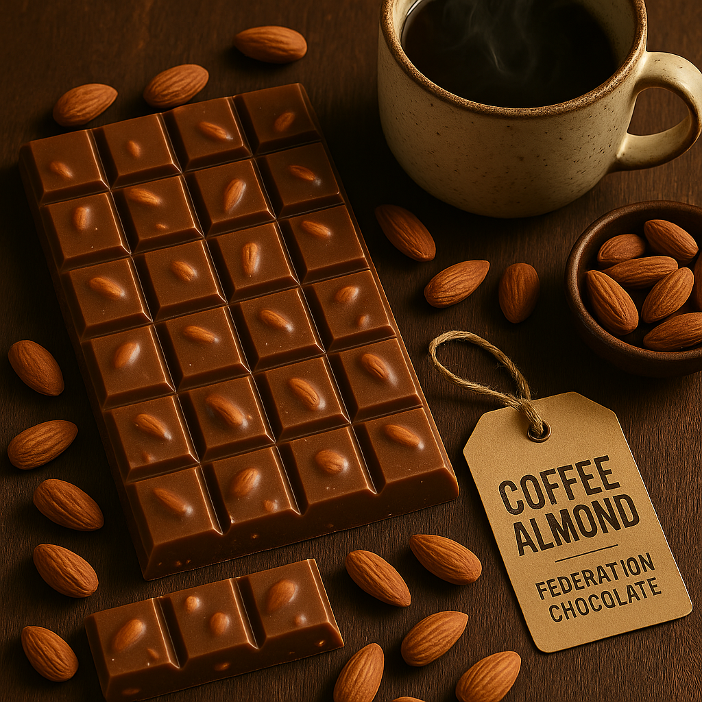 Chocolate bars with almonds and a steaming cup of coffee on a wooden surface, featuring a 'Coffee Almond Federation Chocolate' tag.