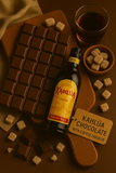 Kahlua coffee liqueur bottle with chocolate bars and sugar cubes on a brown background
