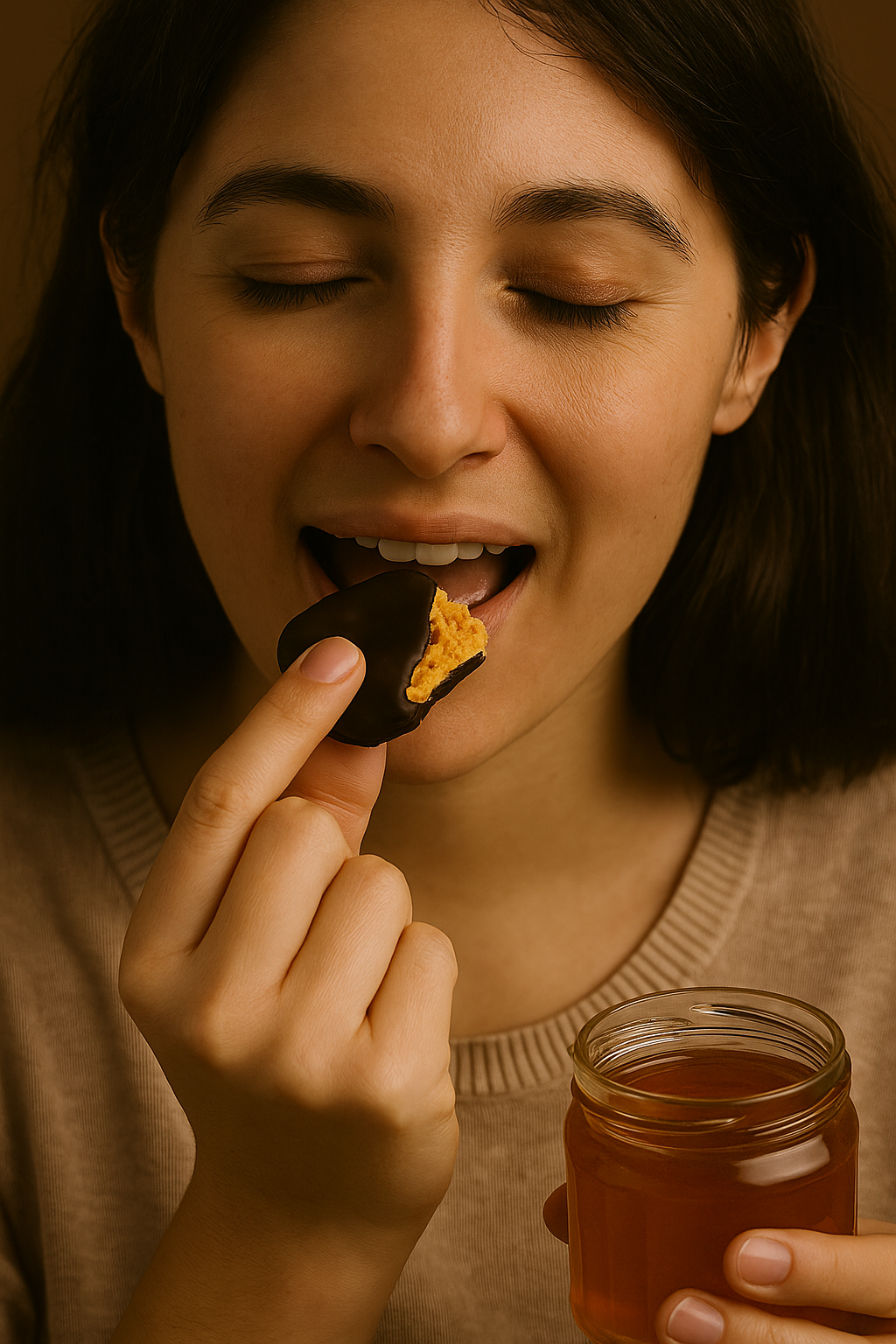 Woman eating a chocolate-covered treat with honeycomb next to her