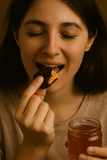 Woman eating a chocolate-covered treat with honeycomb next to her