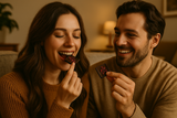 Couple enjoying chocolate with freeze dried raspberries together in a cosy indoor setting