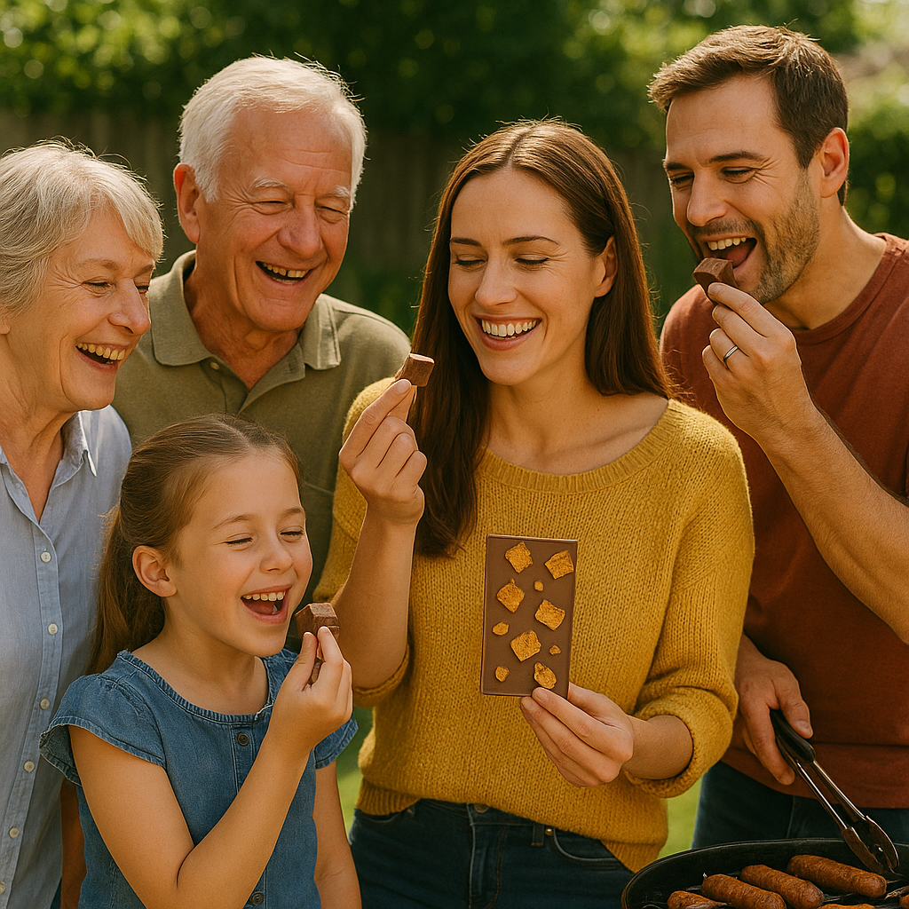 Family of five enjoying honeycomb chocolate outdoors