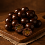 A pile of dark chocolate covered ginger bites on a wooden board with one cut in half to show the filling.