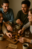 Four people enjoying milk chocolate honeycomb at a table with coffee cups.