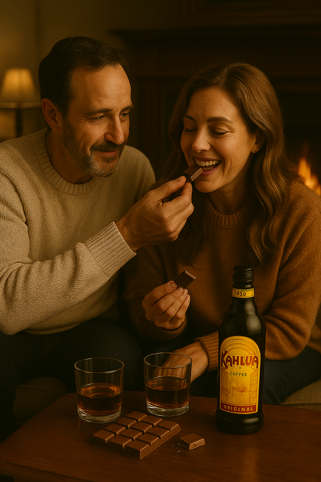 Man and woman enjoying Kahlua coffee liqueur with chocolate bars and glasses on a wooden table.