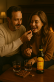 Man and woman enjoying Kahlua coffee liqueur with chocolate bars and glasses on a wooden table.