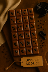 Chocolate bar with licorice pieces on a wooden surface, labeled 'Luscious Licorice'.