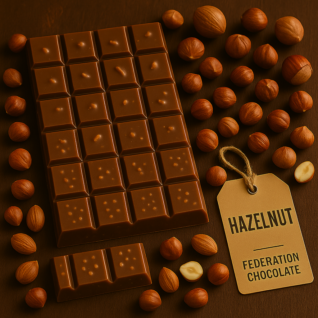 Hazelnut chocolate bars with hazelnuts on a brown background, featuring a 'Federation Chocolate' tag.