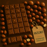Hazelnut chocolate bars with hazelnuts on a brown background, featuring a 'Federation Chocolate' tag.