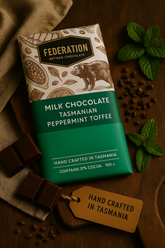 Federation Artisan Chocolate bar with peppermint toffee on a wooden surface
