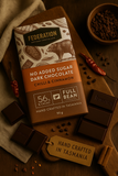 Federation chocolate bar with No added Sugar Dark Chocolate chili and cinnamon flavour on a wooden board.