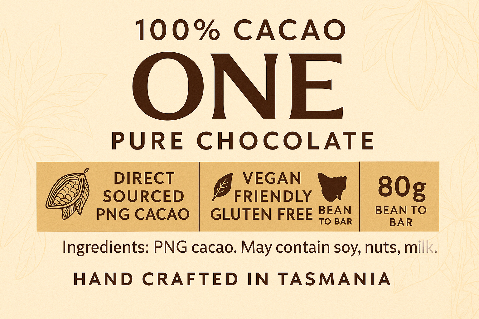 100% Cacao One Pure Chocolate packaging with branding and product details on a beige background.