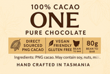 100% Cacao One Pure Chocolate packaging with branding and product details on a beige background.