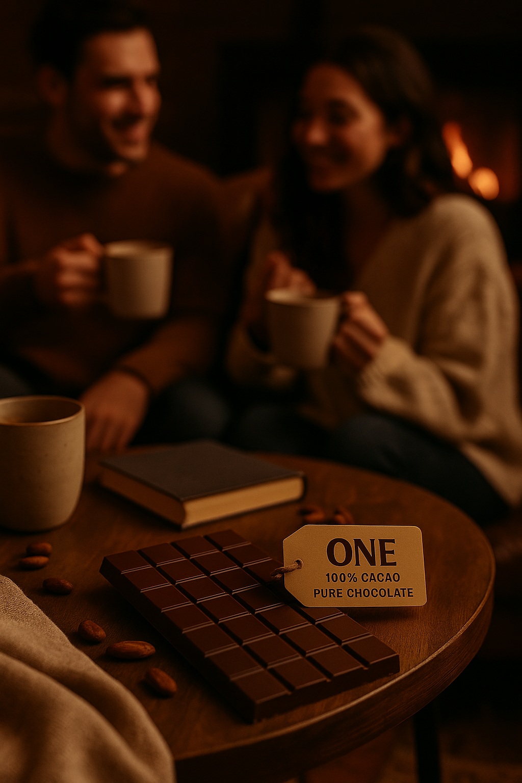 Two people enjoying hot drinks with a chocolate bar and 'ONE' card on a table in a warm, cozy setting.
