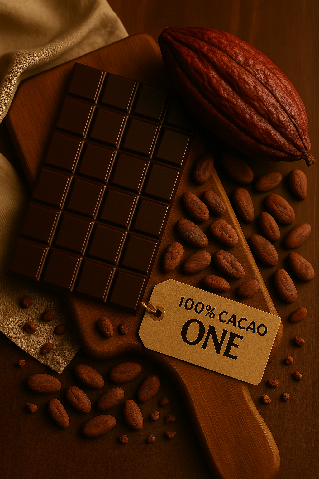 Dark chocolate bar with cacao beans and a tag labeled '100% Cacao One' on a wooden surface.