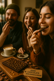 Three people enjoying dark chocolate with orange and ginger, with a focus on the product label.