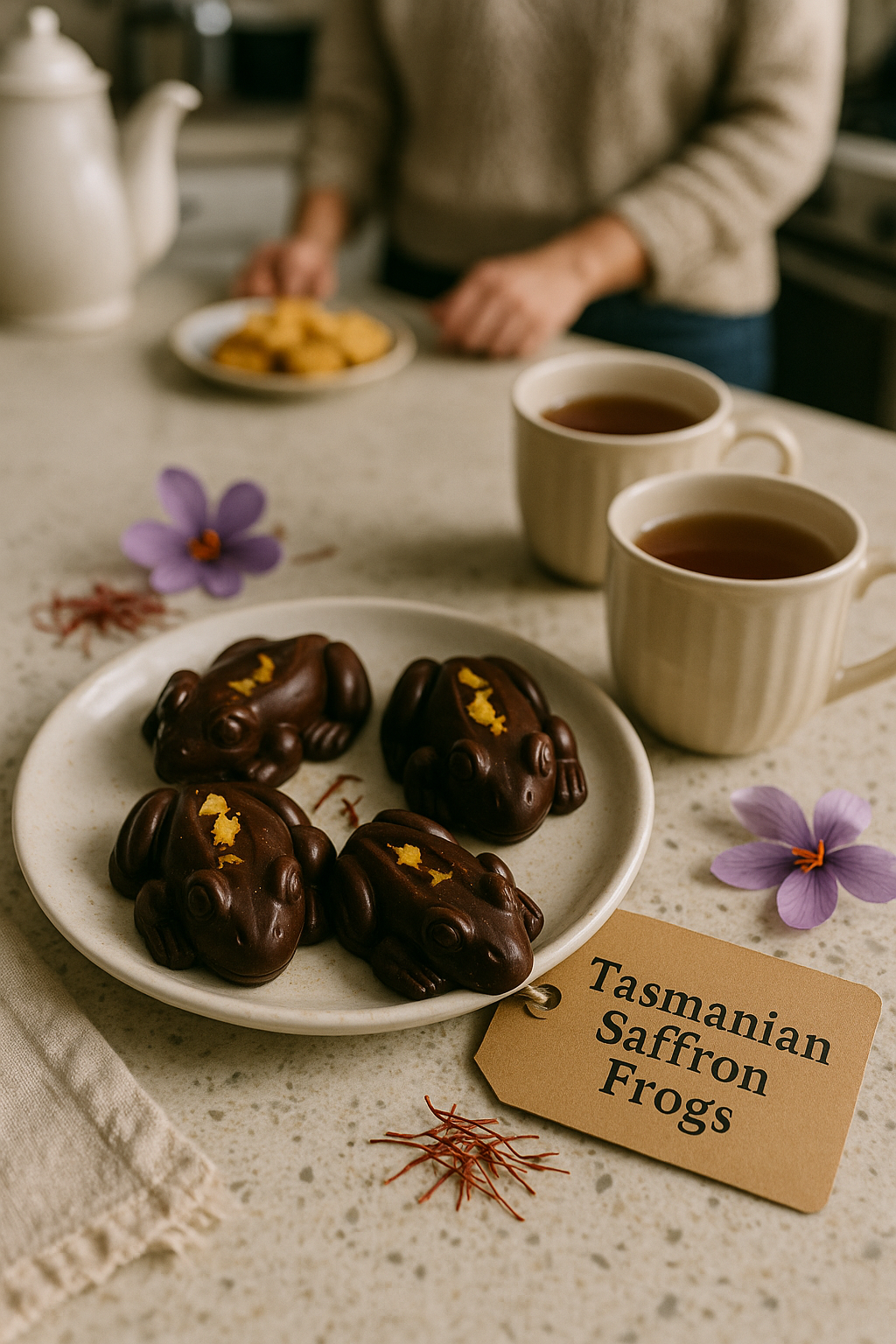 Chocolate treats on a plate with a tag labelled 'Tasmanian Saffron Frogs' on a table with cups of tea and flowers.