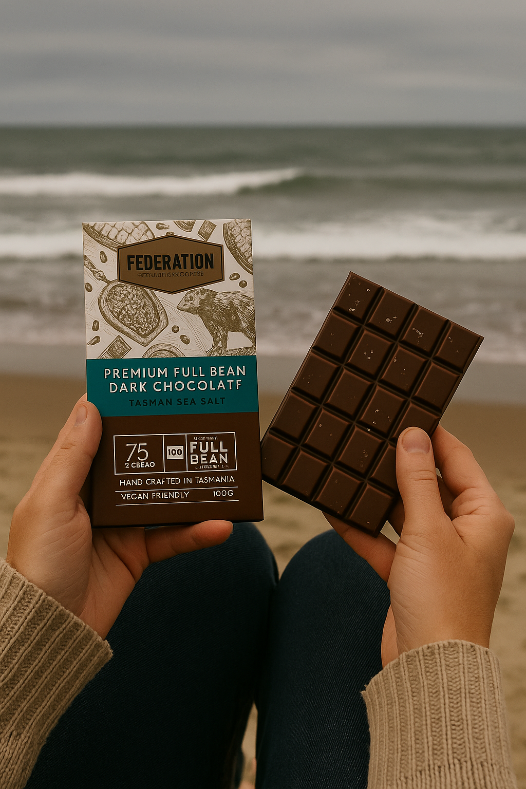 Person holding a bar of Tasman Sea Salt dark chocolate and its packaging on a beach.