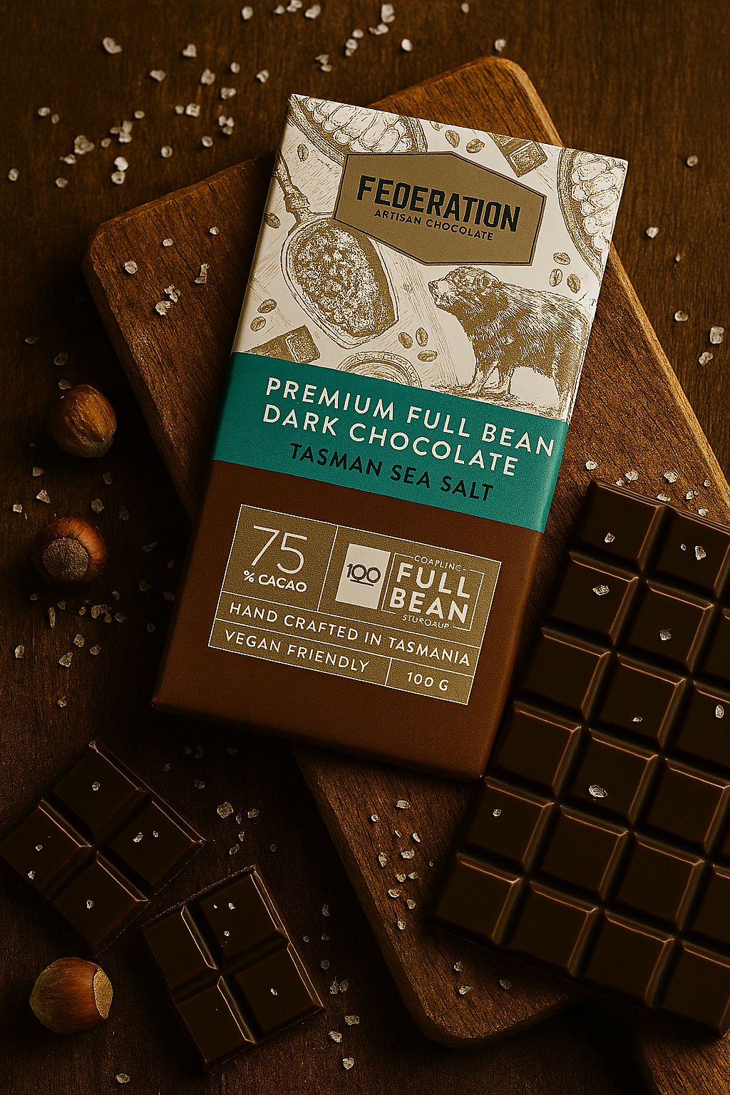 Federation Premium Full Bean Dark Chocolate bar with Tasman sea salt on a wooden board.