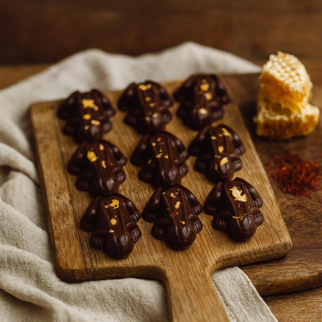 Frog shaped Chocolate on a wooden board with honeycomb and flowers on a wooden surface.