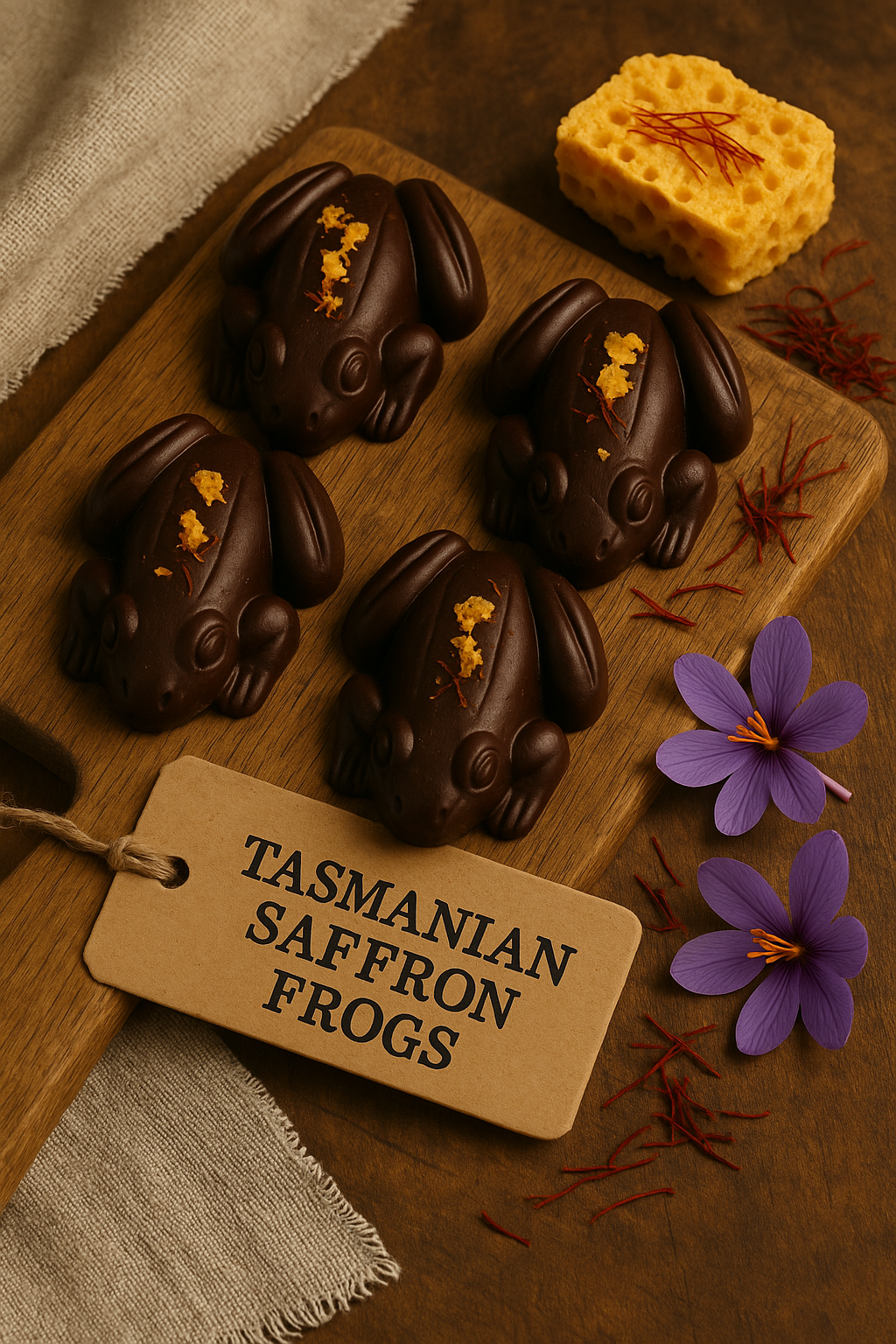 Chocolate frog candies shaped like Tasmanian saffron frogs on a wooden board with a tag.