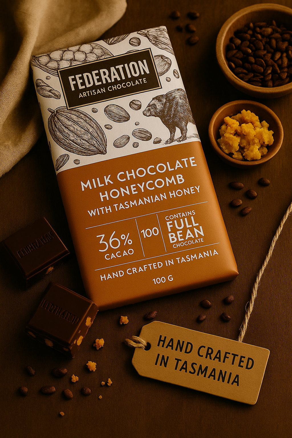 Federation Artisan Chocolate bar with honeycomb and cacao beans on a brown background