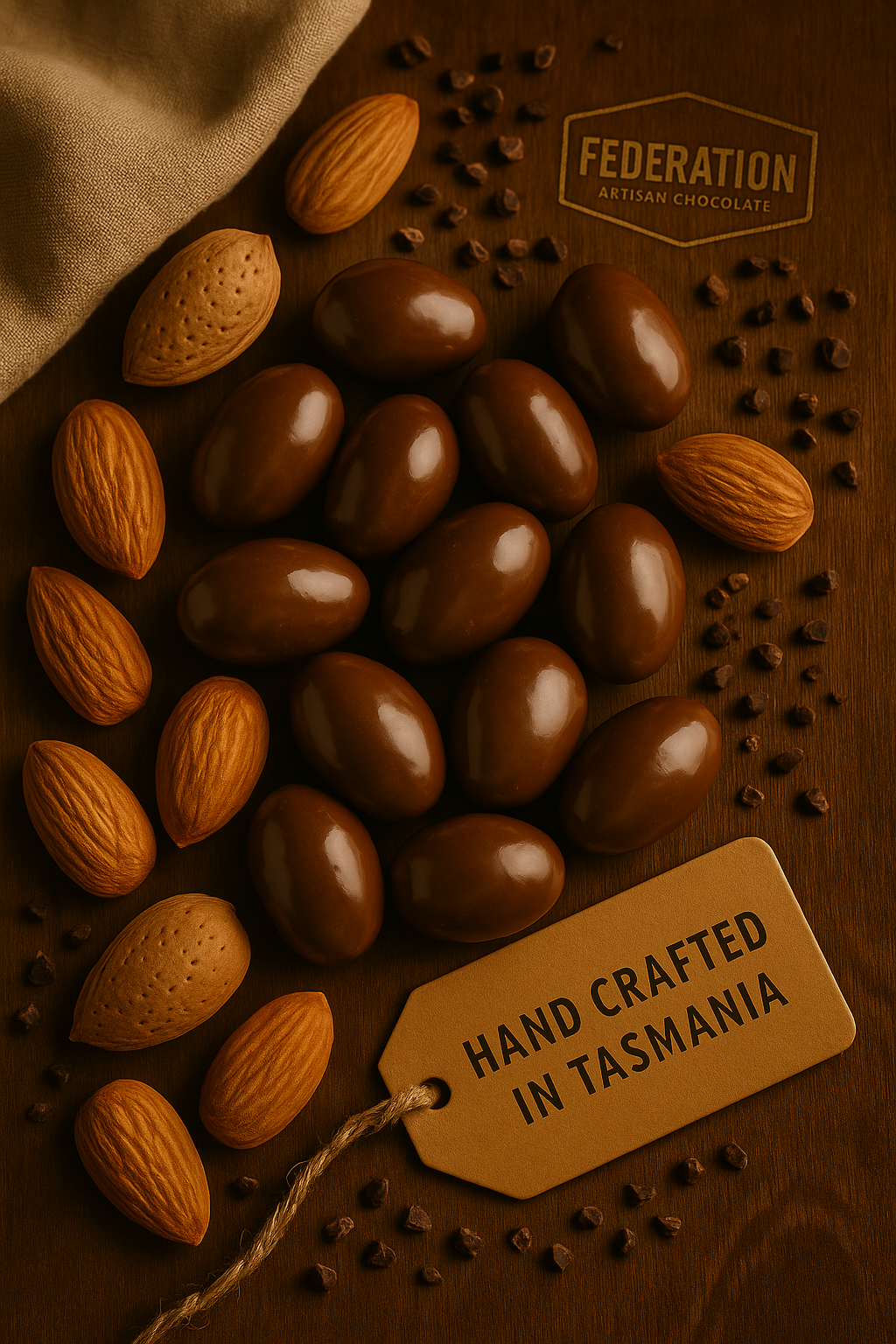 Chocolate Coated  almonds on a wooden surface, featuring 'Federation Artisan Chocolate' branding.