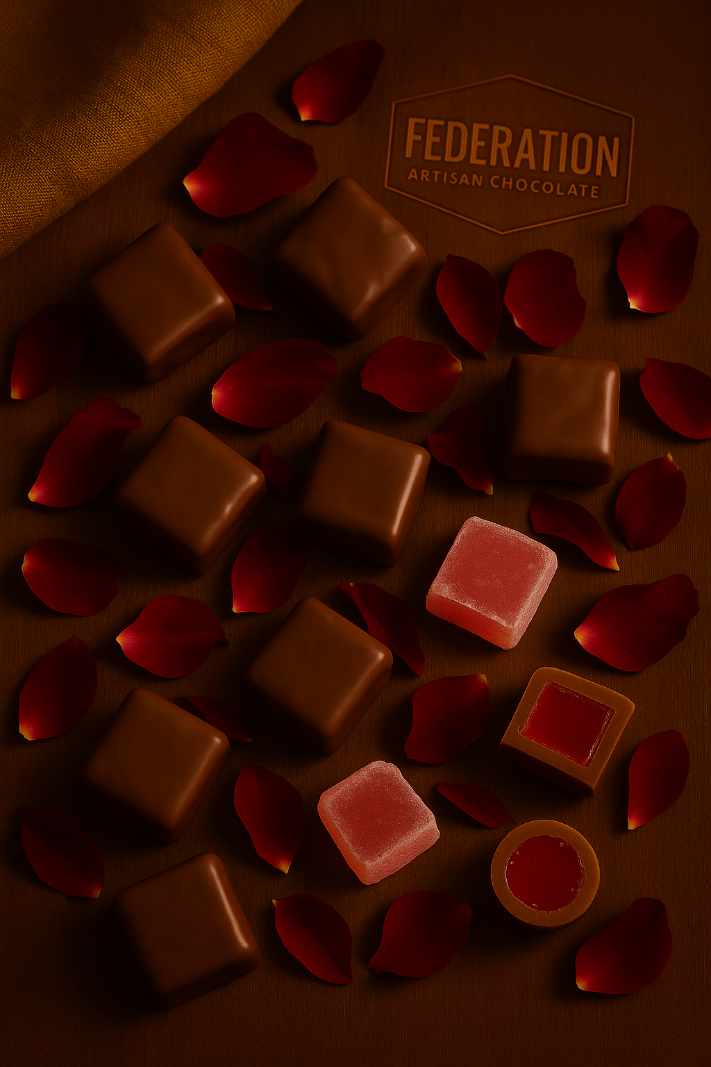 Chocolate  Turkish Delight pieces with 'Federation Artisan Chocolate' branding on a dark background.