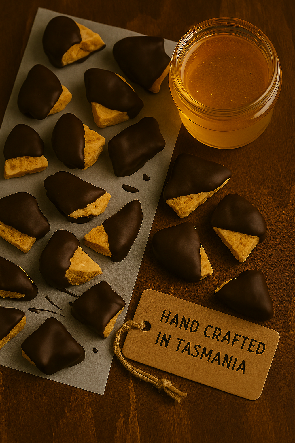 Handcrafted chocolate-covered honeycomb with a jar of honey on a wooden surface, accompanied by a 'Hand Crafted in Tasmania' tag.