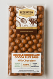 Packaged chocolate puff bars with Federation Artisan Chocolate branding on a white background