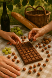 Hazelnut Chocolate bar with nuts on a checked tablecloth with hands reaching for it.