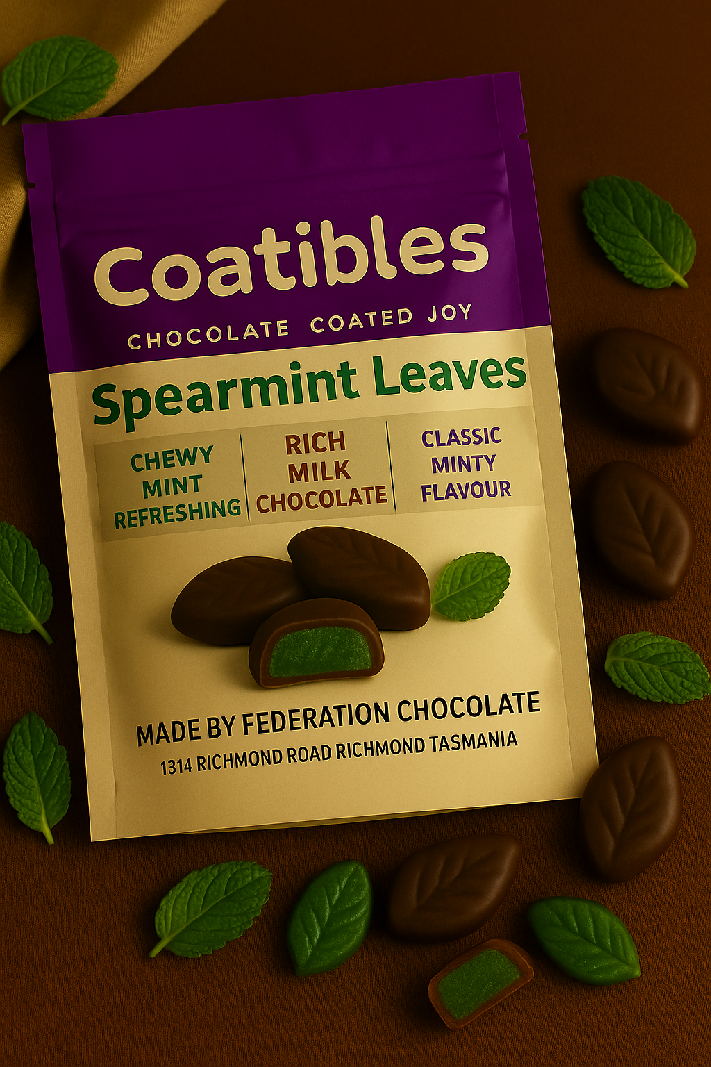 Coatibles Spearmint Leaves chocolate packaging on a brown background with chocolate leaves.