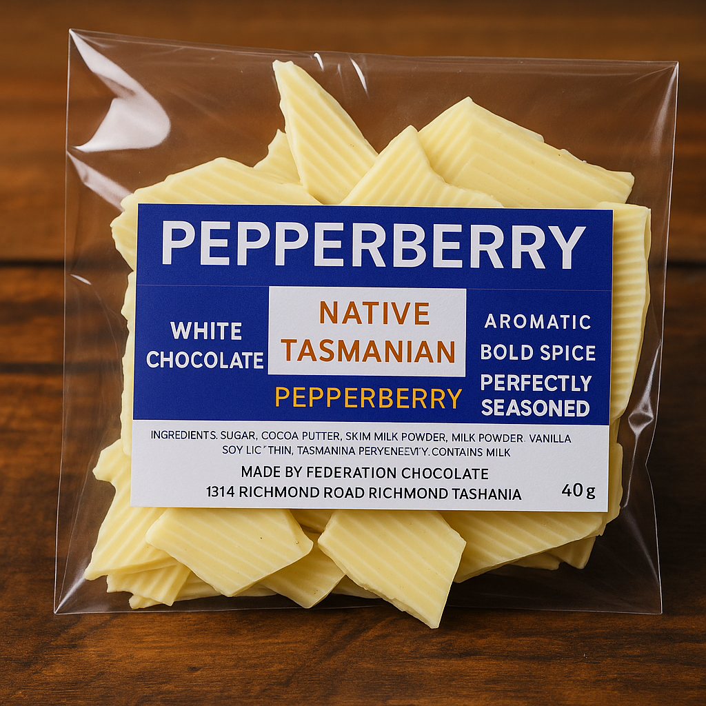 Packaged white chocolate with a Pepperberry label on a wooden surface