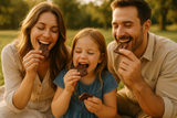 Family of three enjoying chocolate outdoors in a natural setting