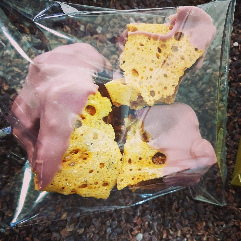 Tasmanian Honey infused honeycomb dipped in ruby chocolate. - Federation Artisan Chocolate
